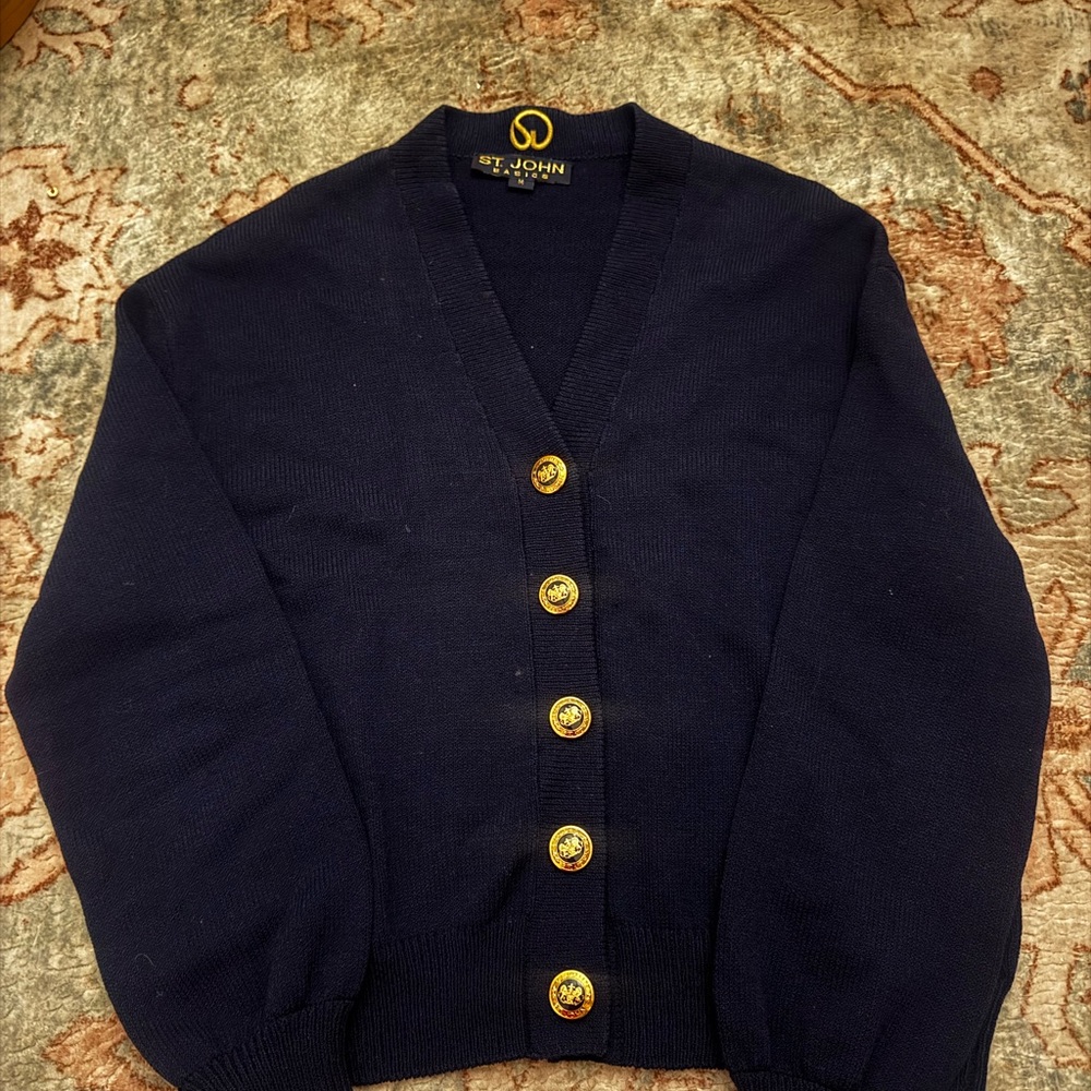 St. John Navy Knit V‑Neck Cardigan with Gold Accent